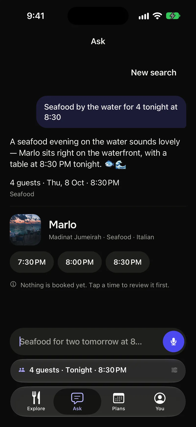 The Ask screen: a request for seafood, answered with a restaurant and its free times