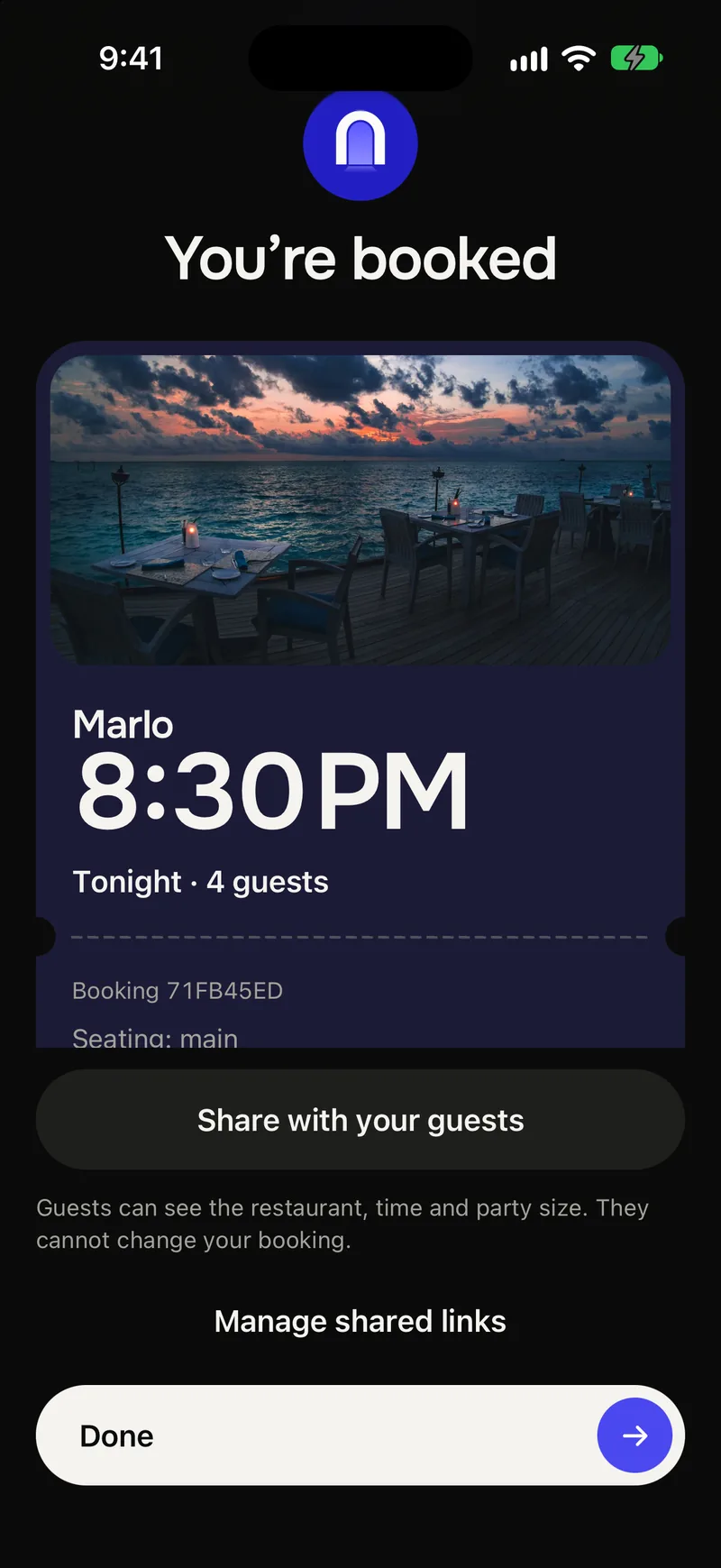 The confirmation screen, with the time and the party size