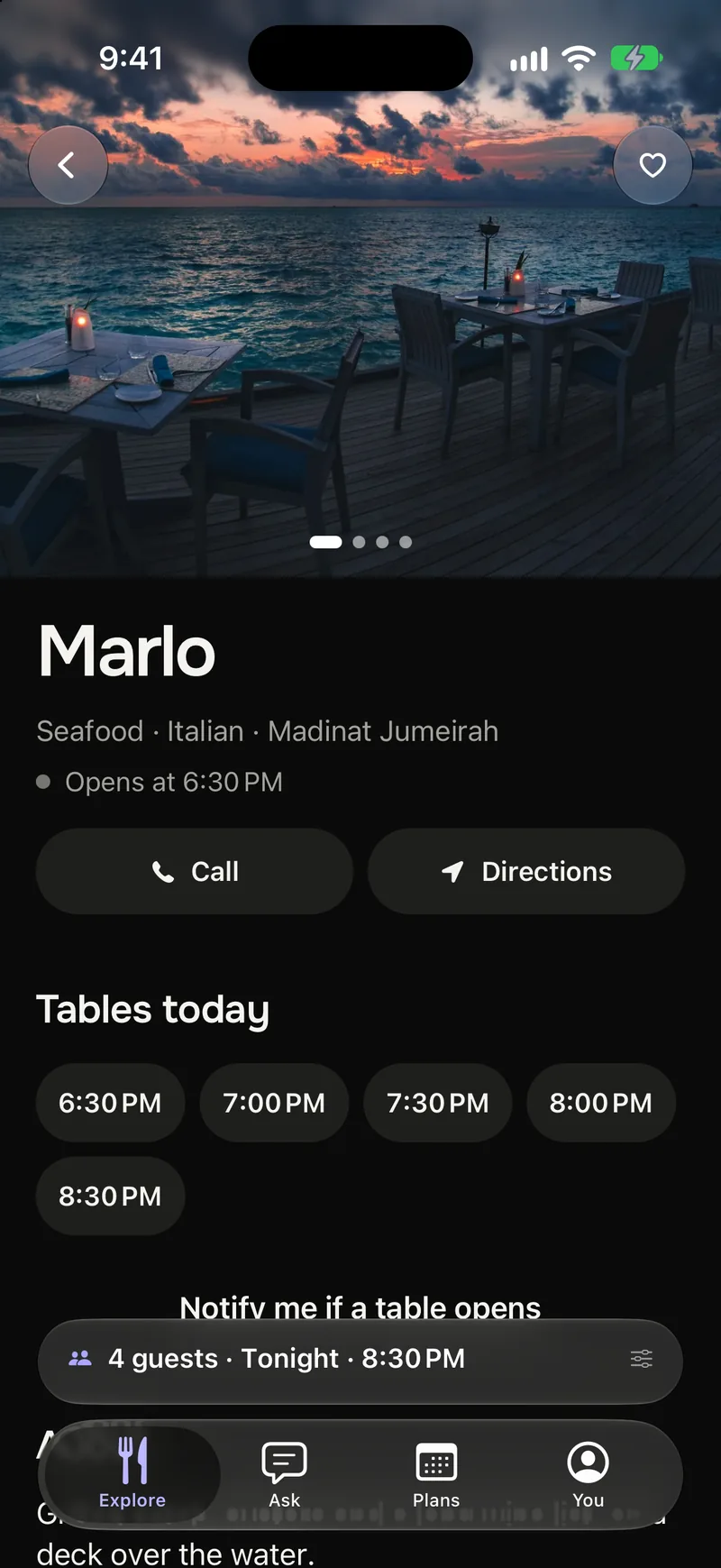 A restaurant in the app, with today’s free tables